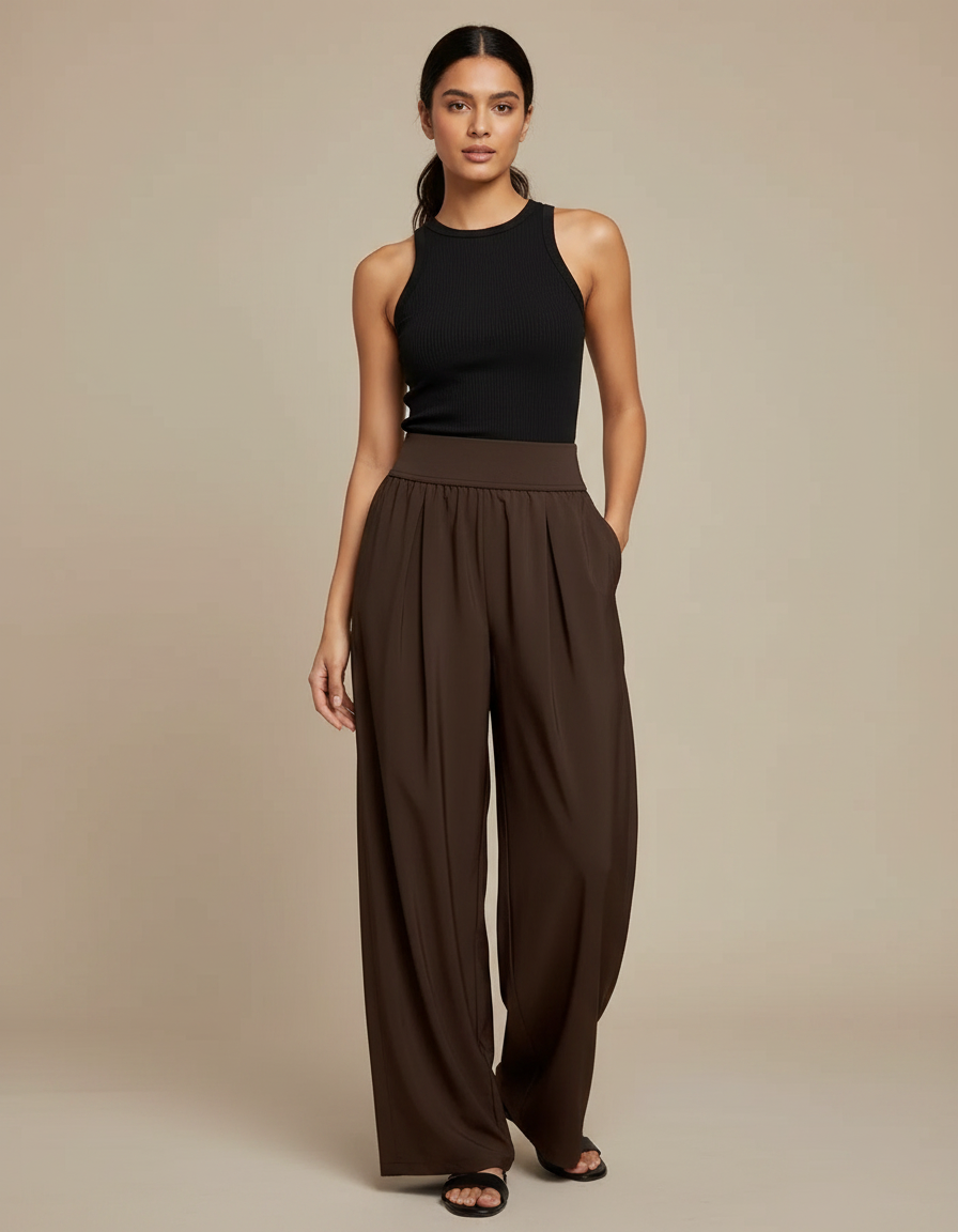 Pantalon Fluide Marron Ample Taille Haute Plissé Décontracté - Polyester