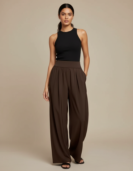Pantalon Fluide Marron Ample Taille Haute Plissé Décontracté - Polyester