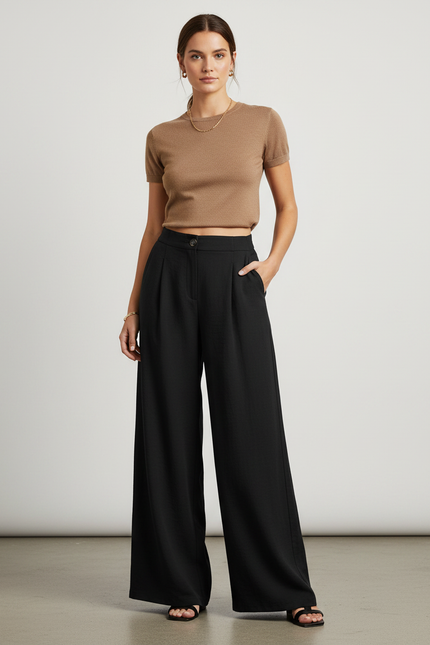 Pantalon Fluide Noir Ample Taille Haute Pince Élégant - Viscose