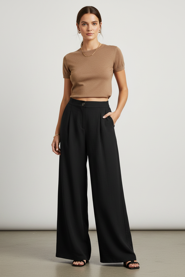 Pantalon Fluide Noir Ample Taille Haute Pince Élégant - Viscose