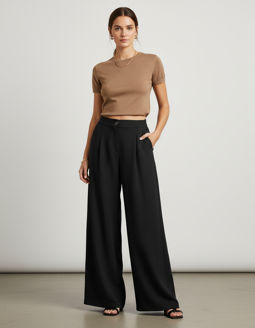Pantalon Fluide Noir Ample Taille Haute Pince Élégant - Viscose