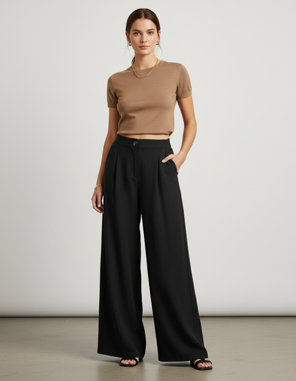 Pantalon Fluide Noir Ample Taille Haute Pince Élégant - Viscose