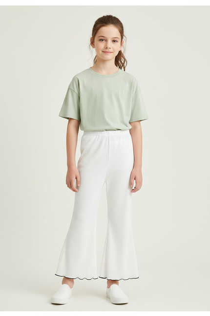 Pantalon Fluide Blanc Côtelé Évasé Fille Estival - Maille