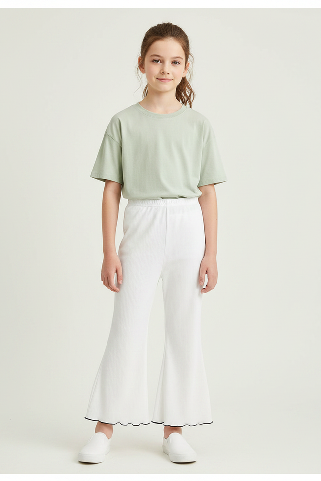 Pantalon Fluide Blanc Côtelé Évasé Fille Estival - Maille