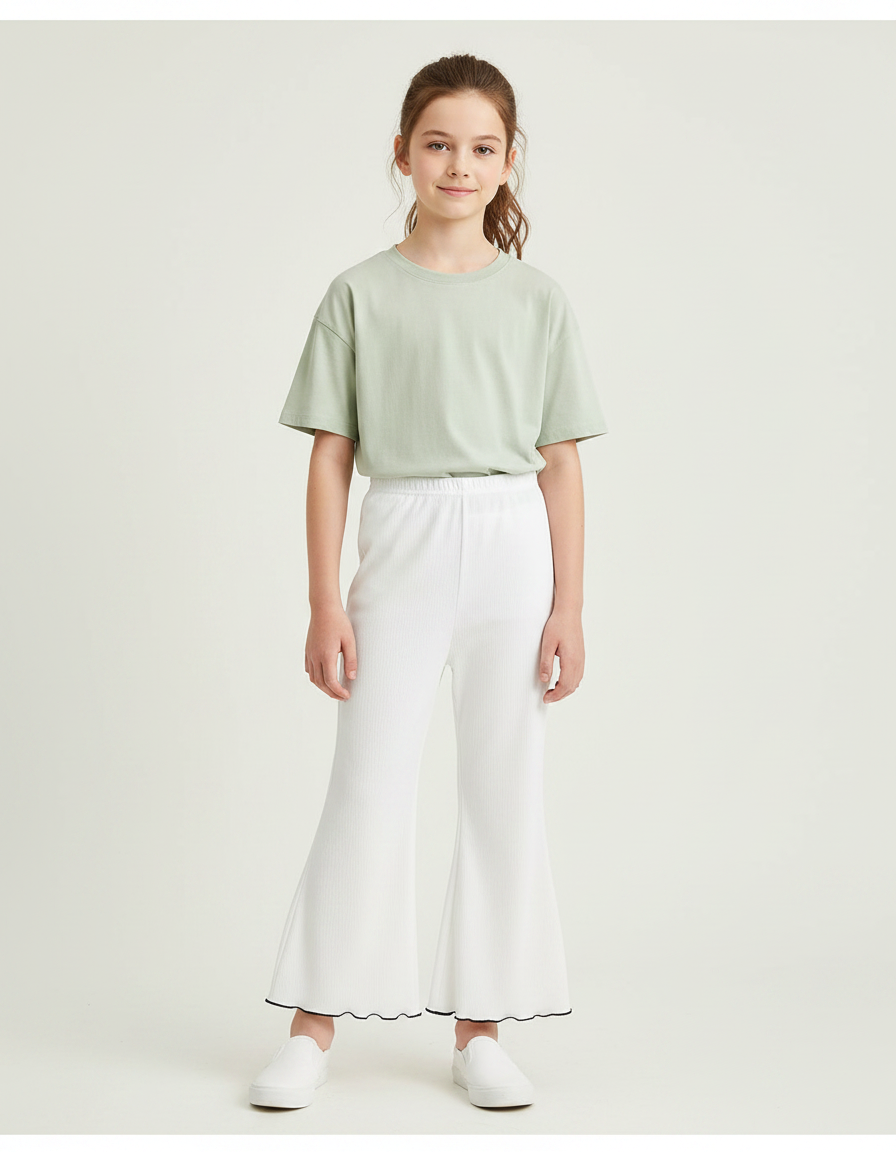 Pantalon Fluide Blanc Côtelé Évasé Fille Estival - Maille