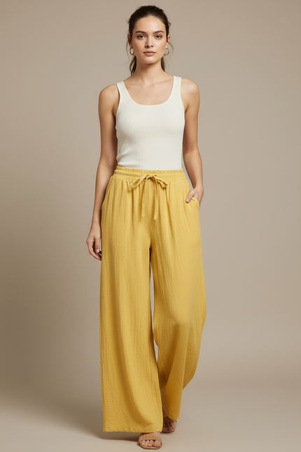 Pantalon Fluide Jaune Ample Coton Texturé Décontracté
