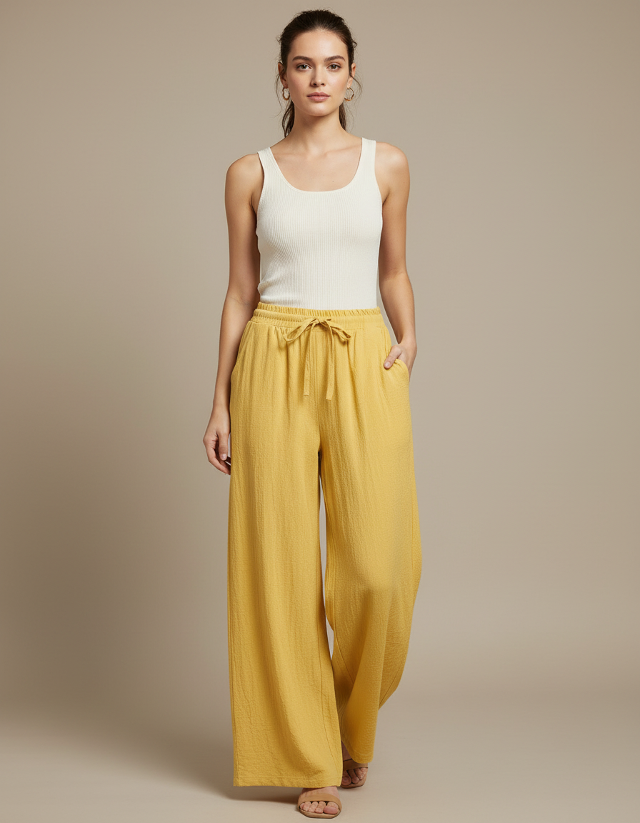 Pantalon Fluide Jaune Ample Coton Texturé Décontracté