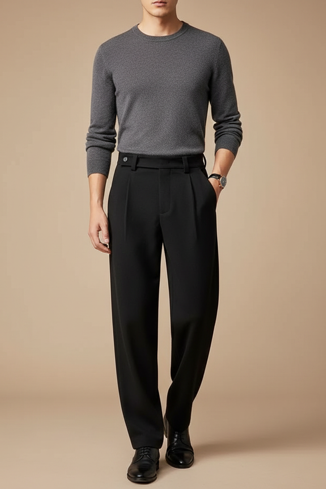Pantalon Fluide Noir Ample Plissé Homme Élégant - Polyester