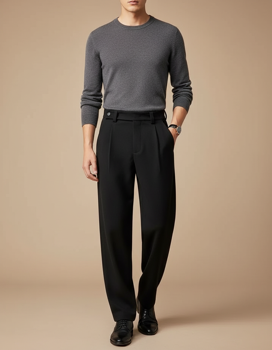 Pantalon Fluide Noir Ample Plissé Homme Élégant - Polyester