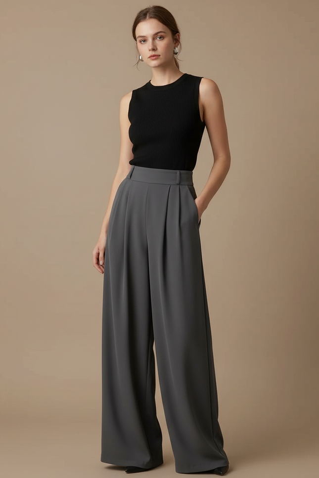 Pantalon Fluide Gris Ample Plissé Chic Élégant - Polyester