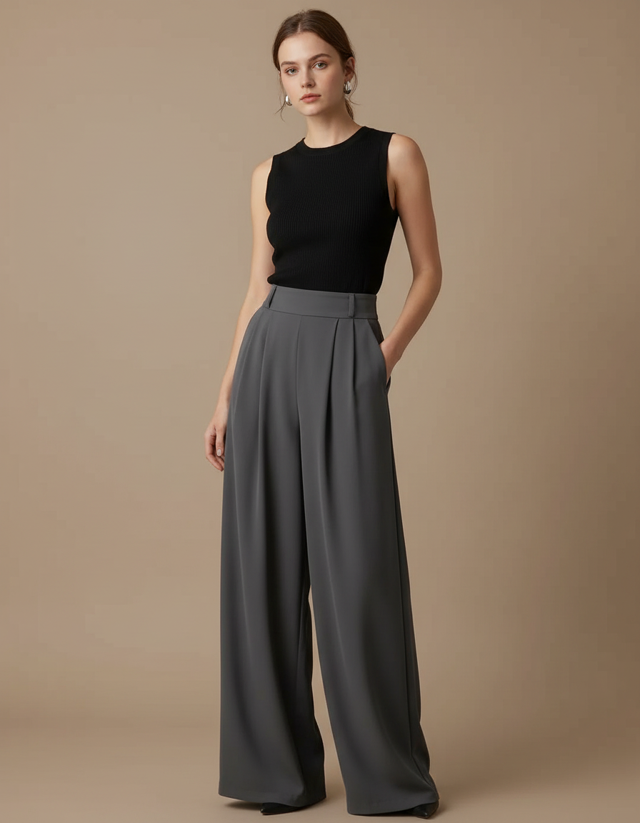 Pantalon Fluide Gris Ample Plissé Chic Élégant - Polyester