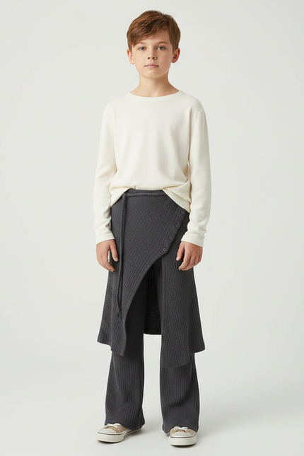 Pantalon Fluide Gris Côtelé Asymétrique Boutons Décontracté - Maille