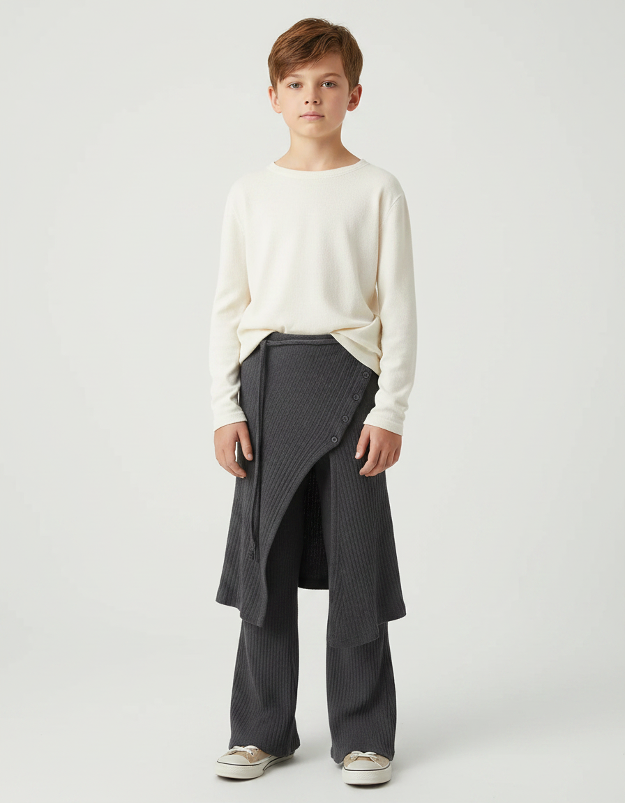 Pantalon Fluide Gris Côtelé Asymétrique Boutons Décontracté - Maille