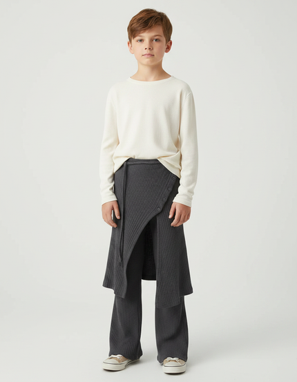 Pantalon Fluide Gris Côtelé Asymétrique Boutons Décontracté - Maille