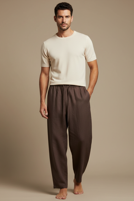 Pantalon Fluide Marron Ample Lin Décontracté Homme
