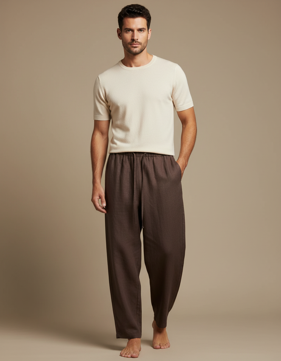 Pantalon Fluide Marron Ample Lin Décontracté Homme