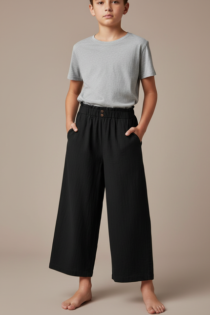 Pantalon Fluide Noir Ample Coton Décontracté Boutons