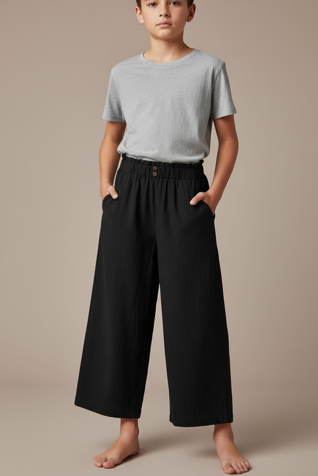 Pantalon Fluide Noir Ample Coton Décontracté Boutons