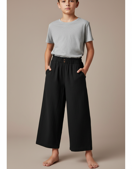Pantalon Fluide Noir Ample Coton Décontracté Boutons