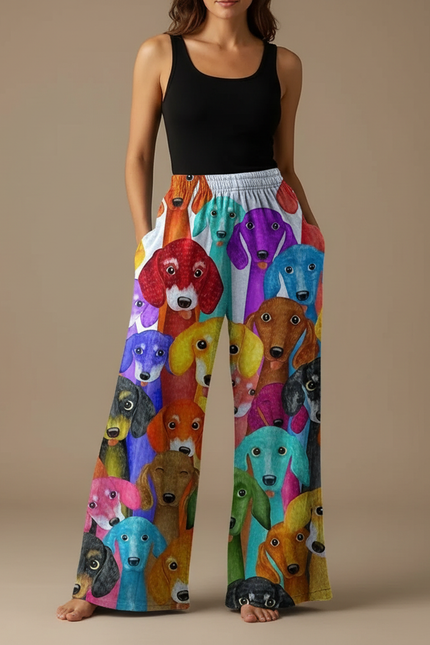 Pantalon Fluide Imprimé Chiens Colorés Ample Confortable - Multicolore Viscose