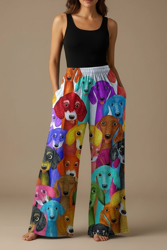 Pantalon Fluide Imprimé Chiens Colorés Ample Confortable - Multicolore Viscose