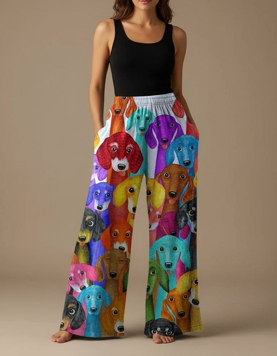 Pantalon Fluide Imprimé Chiens Colorés Ample Confortable - Multicolore Viscose