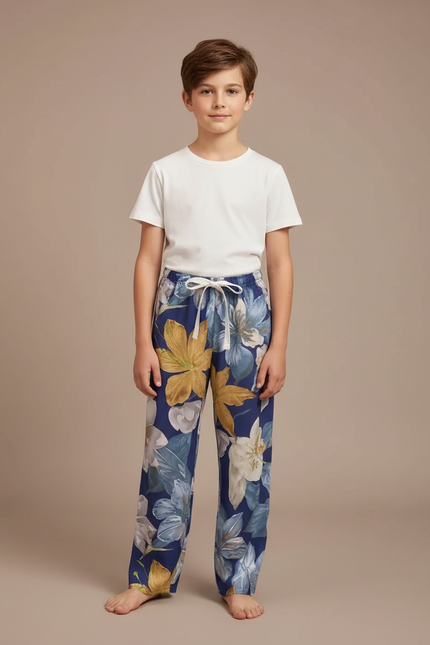 Pantalon Fluide Floral Bleu Large Confortable Enfant - Viscose