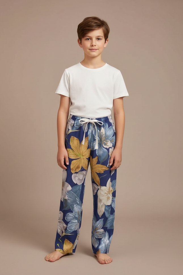 Pantalon Fluide Floral Bleu Large Confortable Enfant - Viscose