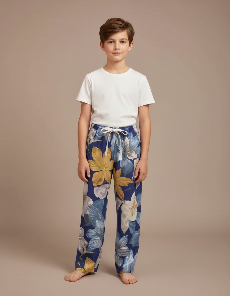 Pantalon Fluide Floral Bleu Large Confortable Enfant - Viscose