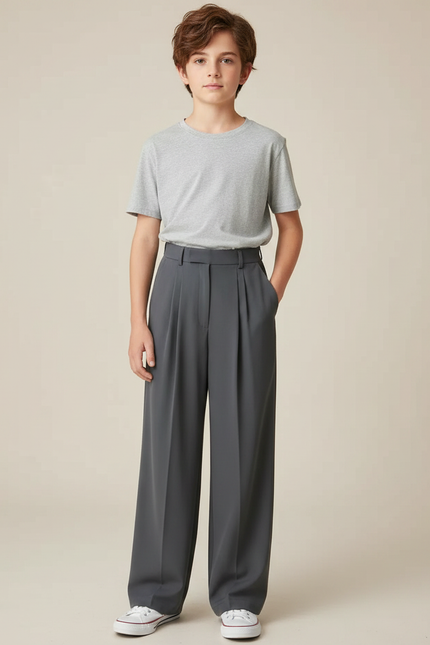 Pantalon Fluide Gris Ample Plissé Décontracté Élégant - Polyester