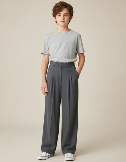 Pantalon Fluide Gris Ample Plissé Décontracté Élégant - Polyester