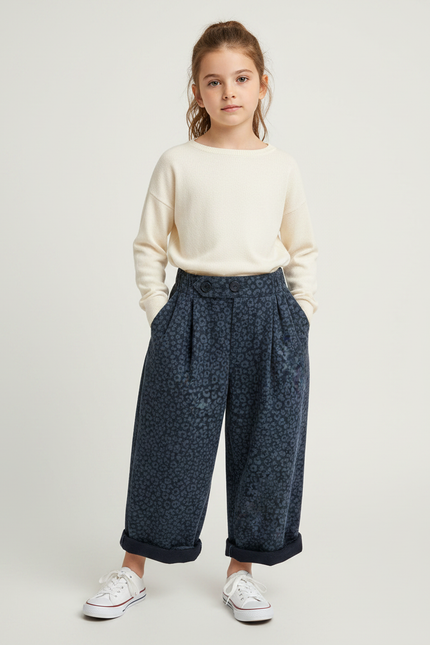 Pantalon Fluide Léopard Bleu Ample Décontracté Enfant - Marine Molleton