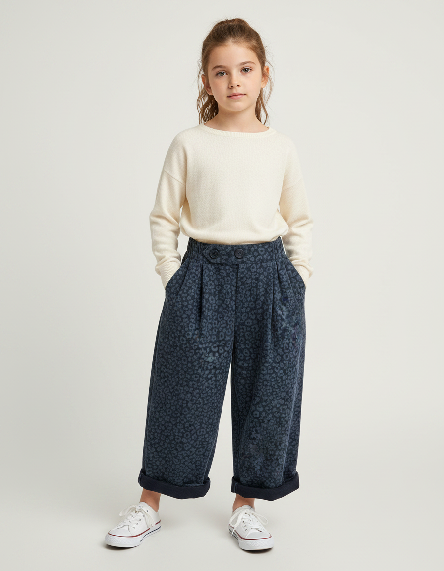 Pantalon Fluide Léopard Bleu Ample Décontracté Enfant - Marine Molleton