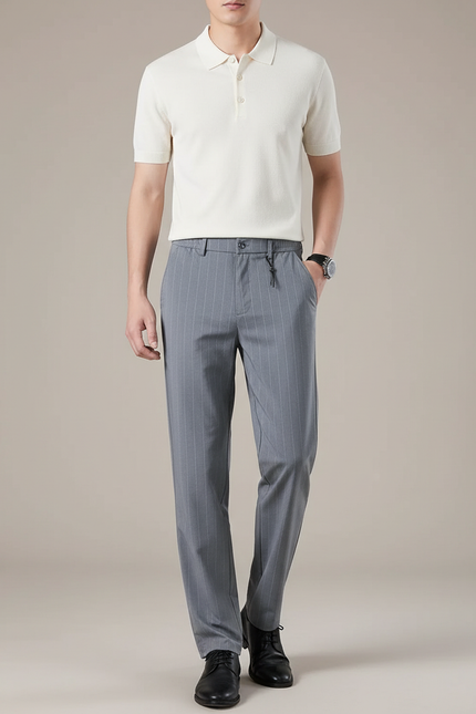 Pantalon Fluide Gris Rayé Ample Décontracté Homme - Polyester