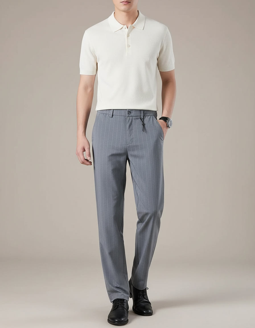 Pantalon Fluide Gris Rayé Ample Décontracté Homme - Polyester
