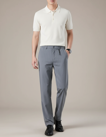 Pantalon Fluide Gris Rayé Ample Décontracté Homme - Polyester