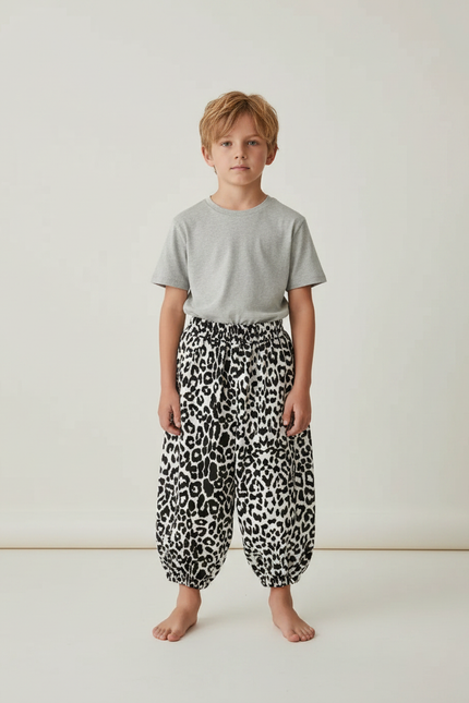 Pantalon Fluide Léopard Noir Blanc Ample Enfant - Imprimé Viscose
