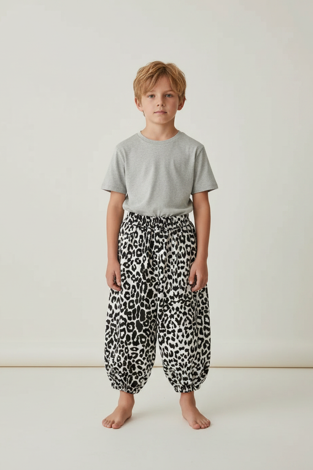 Pantalon Fluide Léopard Noir Blanc Ample Enfant - Imprimé Viscose