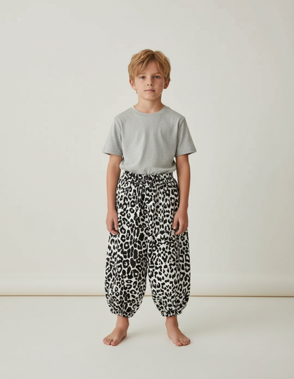 Pantalon Fluide Léopard Noir Blanc Ample Enfant - Imprimé Viscose