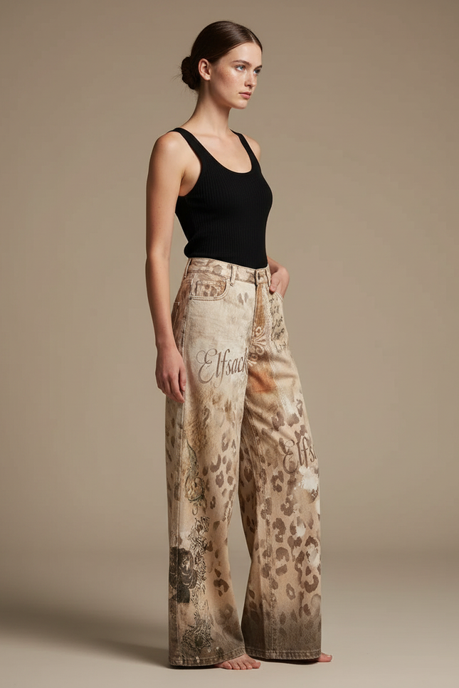 Pantalon Fluide Imprimé Léopard Ample Décontracté Femme - Beige Jean