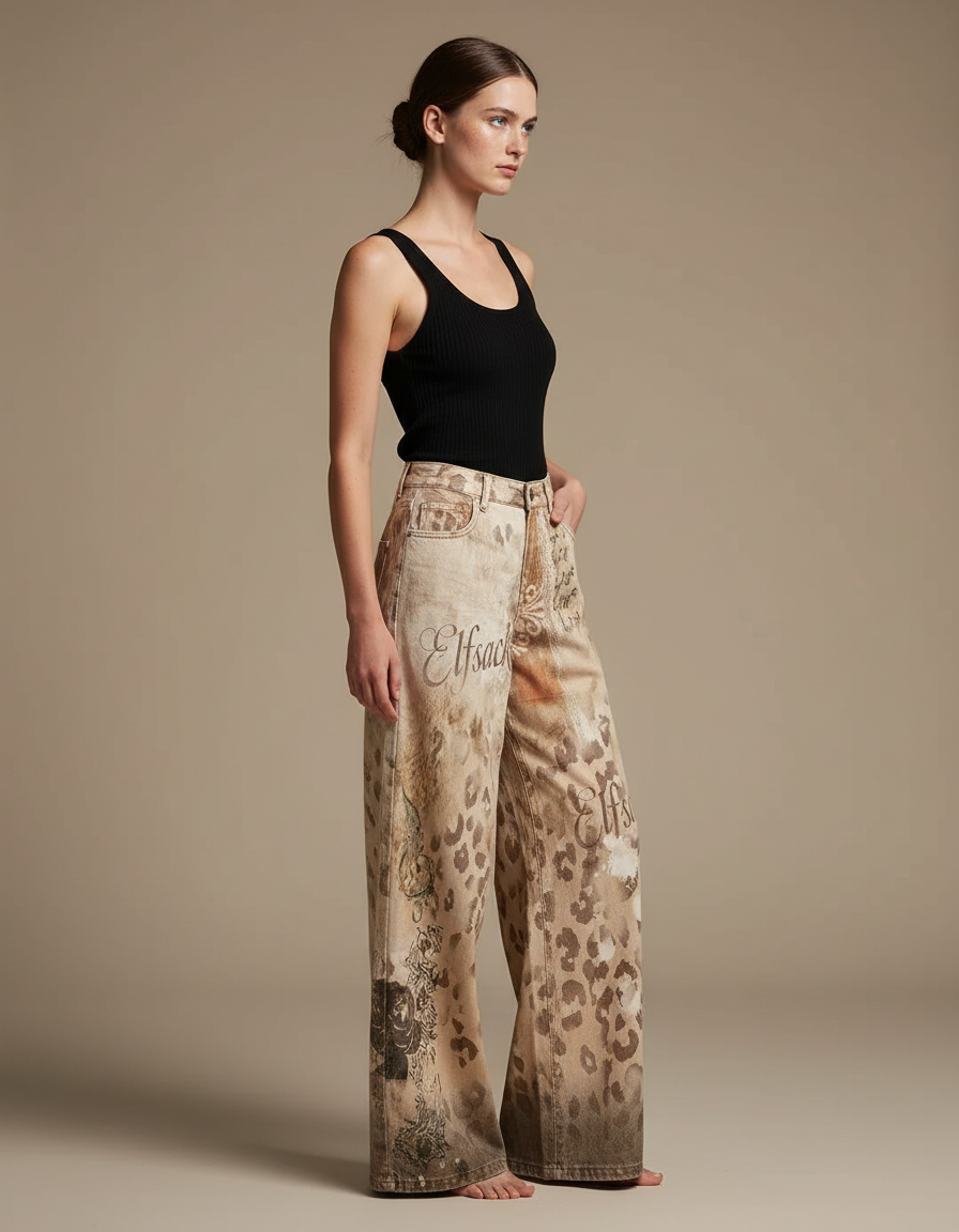 Pantalon Fluide Imprimé Léopard Ample Décontracté Femme - Beige Jean
