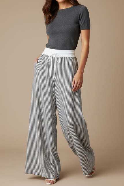 Pantalon Fluide Rayé Large Cordon Décontracté Femme - Imprimé Lin