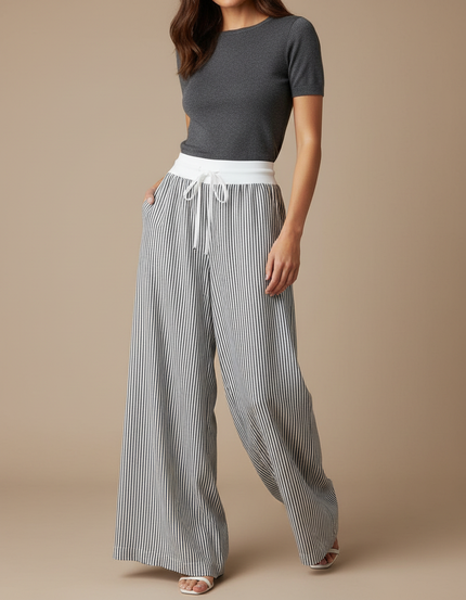 Pantalon Fluide Rayé Large Cordon Décontracté Femme - Imprimé Lin