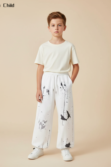 Pantalon Fluide Blanc Ample Éclaboussures Peinture Streetwear - Molleton