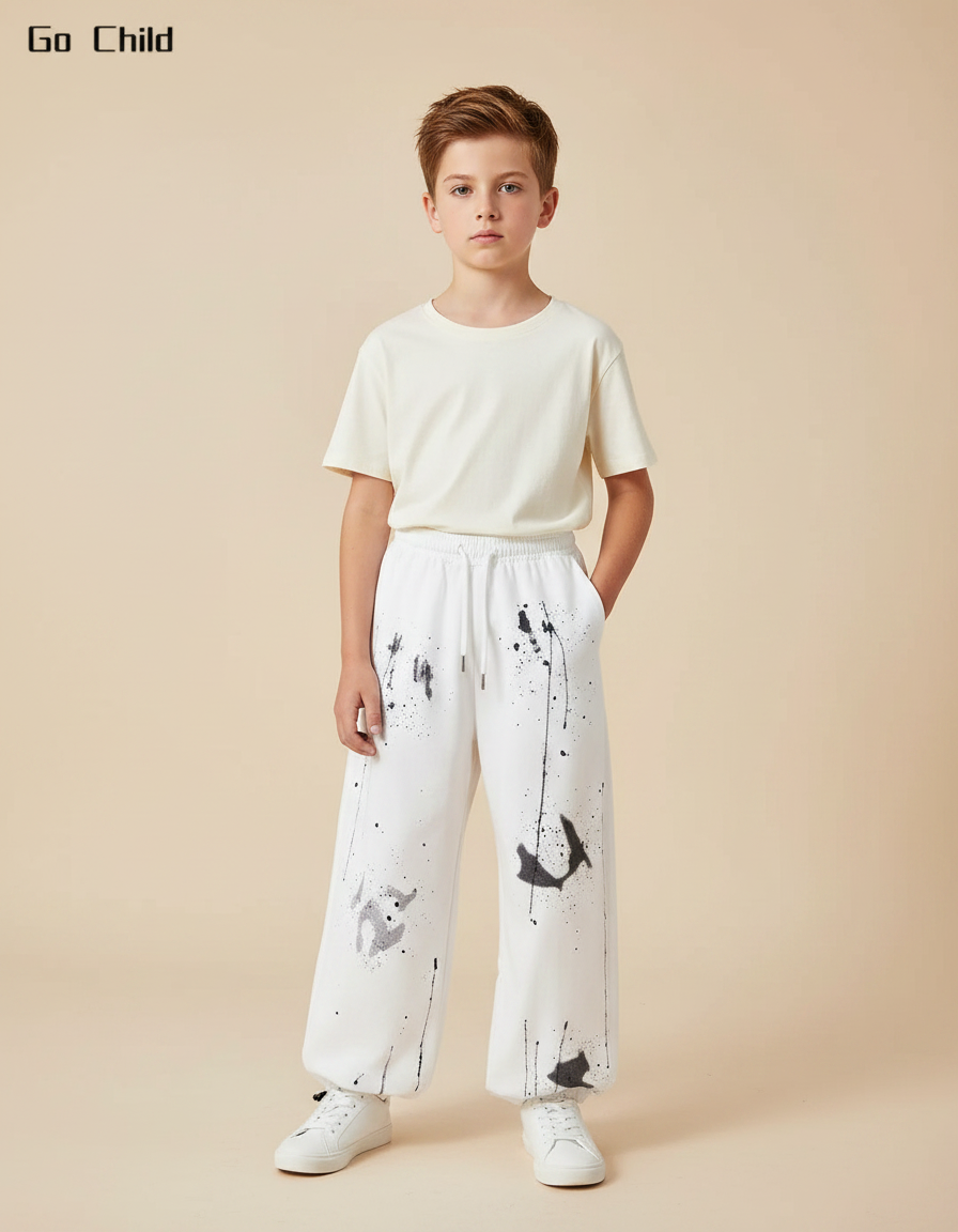 Pantalon Fluide Blanc Ample Éclaboussures Peinture Streetwear - Molleton
