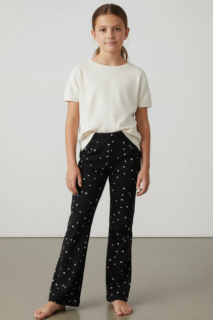 Pantalon Fluide Noir Étoiles Ample Confortable Fille - Maille
