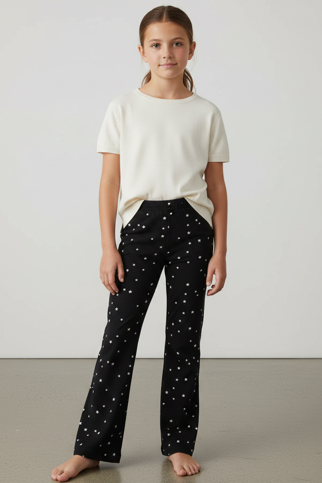 Pantalon Fluide Noir Étoiles Ample Confortable Fille - Maille