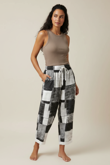 Pantalon Fluide Imprimé Géométrique Noir Blanc Ample Décontracté - Viscose