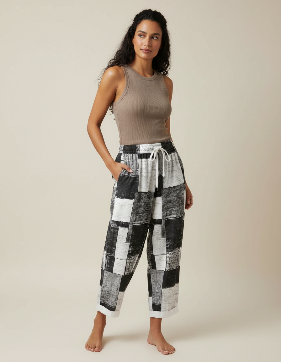 Pantalon Fluide Imprimé Géométrique Noir Blanc Ample Décontracté - Viscose