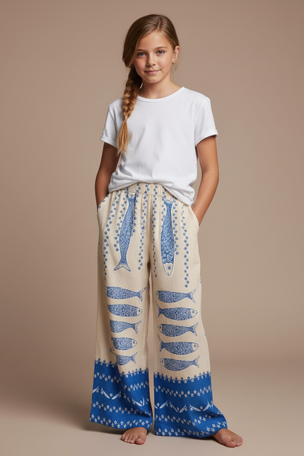 Pantalon Fluide Beige Imprimé Poissons Bleus Ample Décontracté - Lin